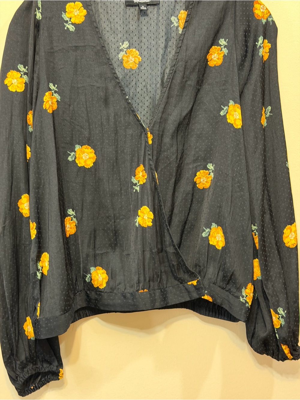 Madewell Black Wrap Blouse with Orange Floral Print